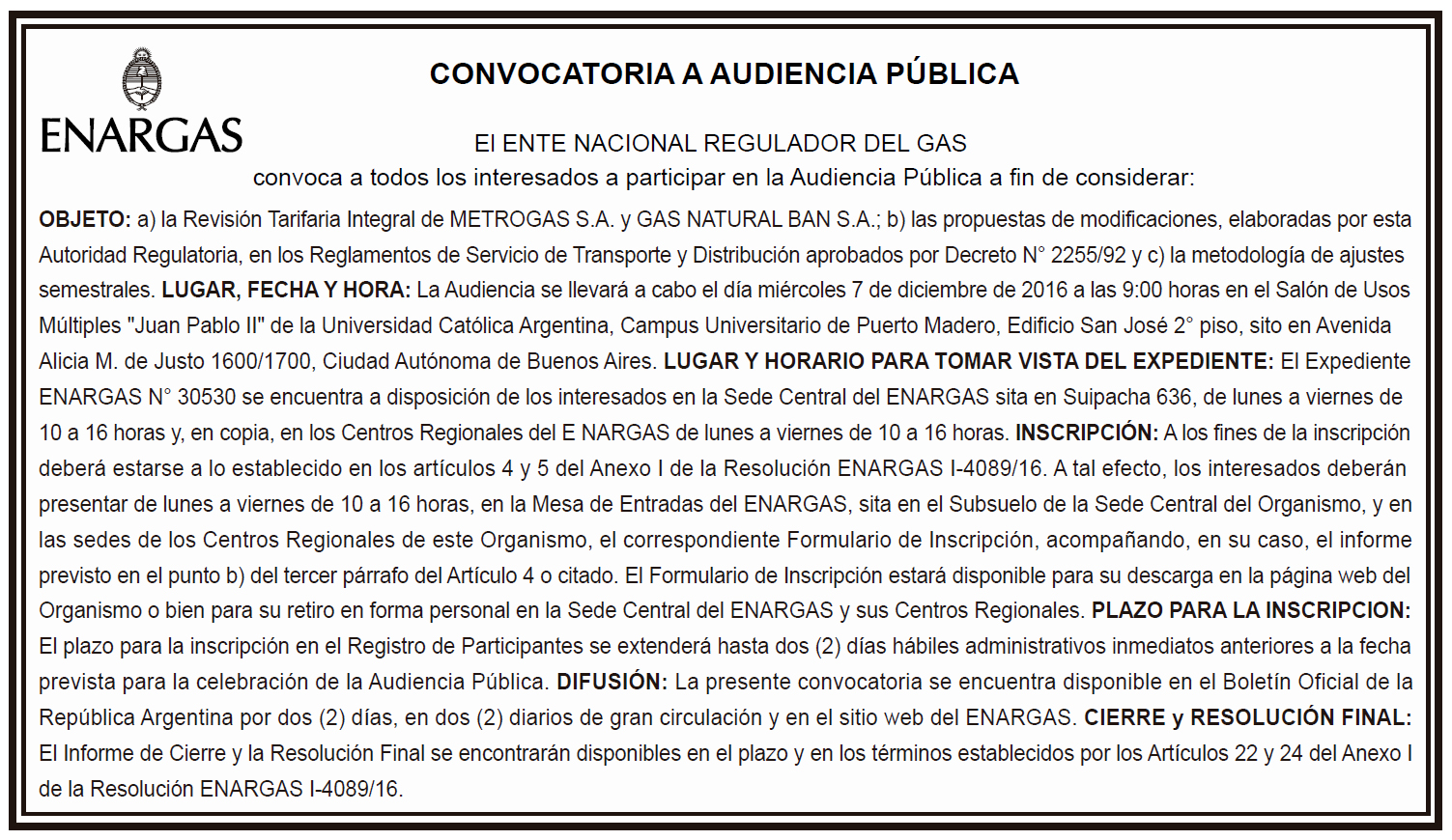 Aviso Audiencia Pública Nº87